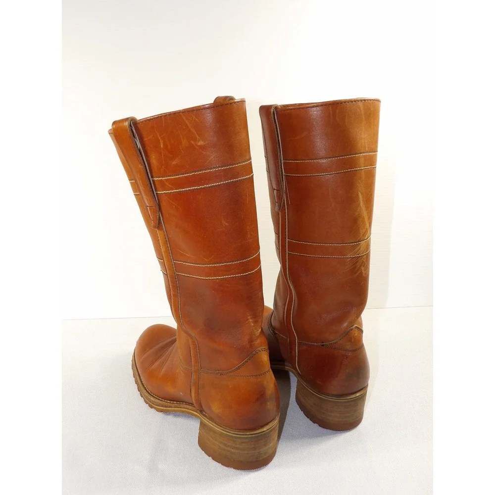 Vintage Tall Leather Pull On Boots Mens 8.5 Tan Good Vibram Lug Sole Work Moto